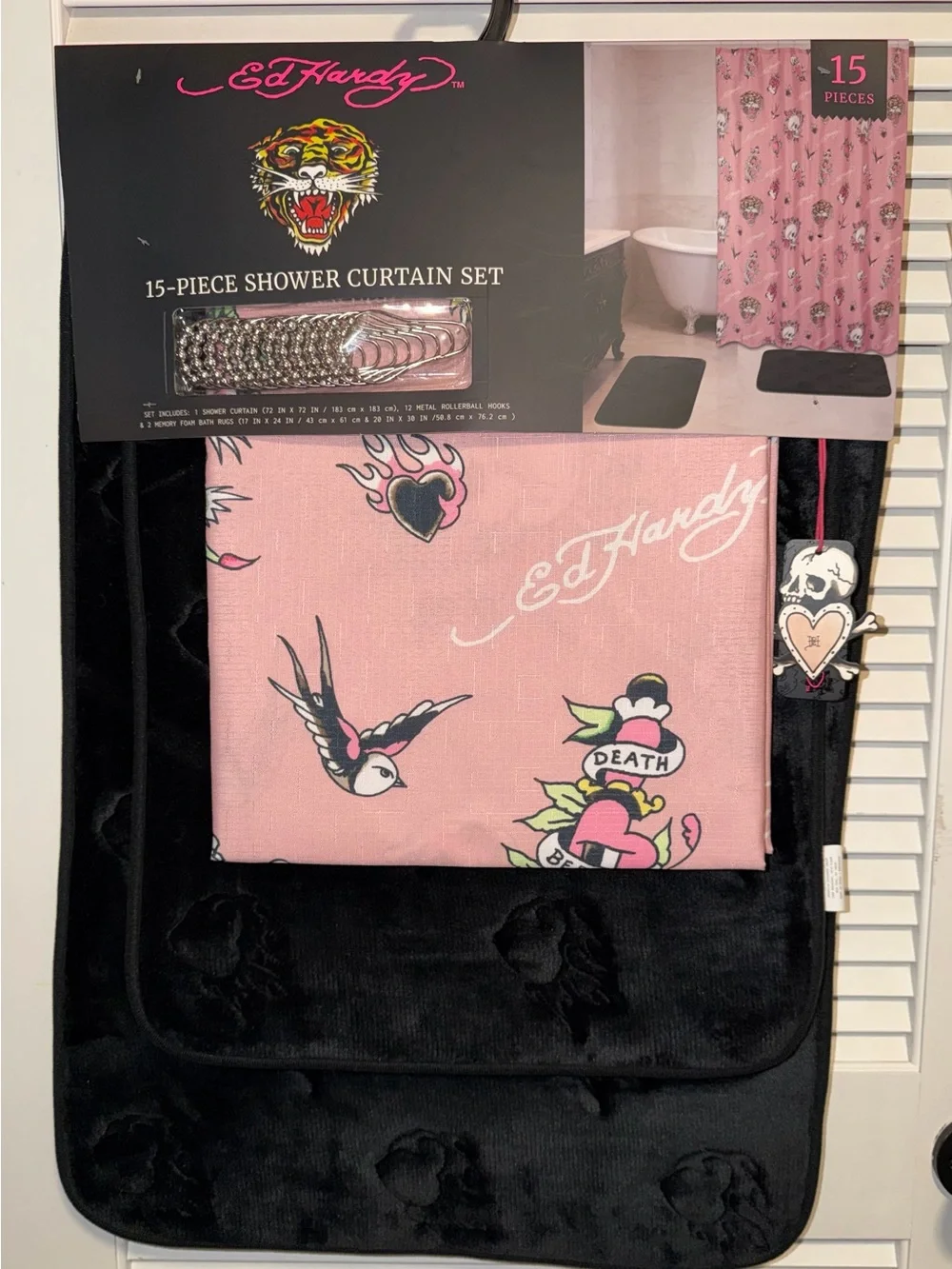 Ed Hardy Pink and Black Tattoo-Print 15-Piece Shower Curtain Set